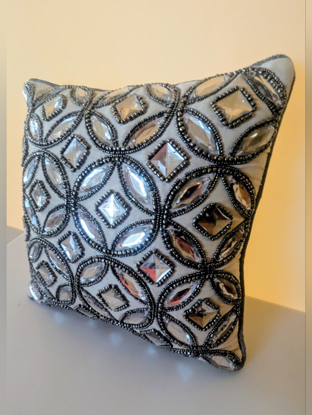 Embellished Throw Pillow Square Cushion W/Crystal Jewel, Beads Embroidery 11x11"